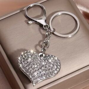 Heart Bag Purse Charm Silver Tone with Sparkling Rhinestones Keychain
